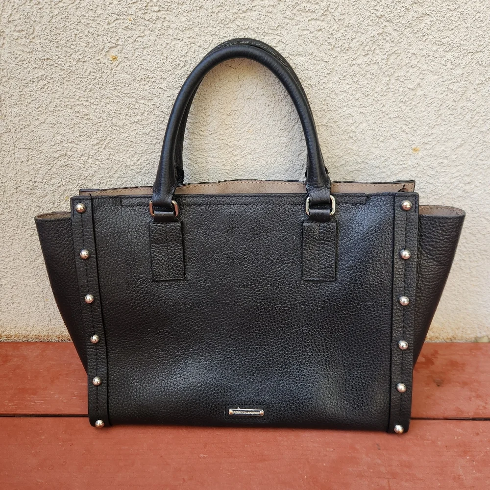 REBECCA MINKOFF Madison Satchel Black Leather Studs Flip Lock Classic Minimalist - Picture 1 of 10